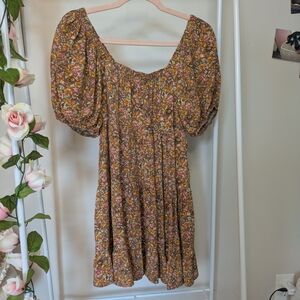 Wild Fable Brown Orange Micro Floral Fall Puff Sleeve Tiered Mini Dress